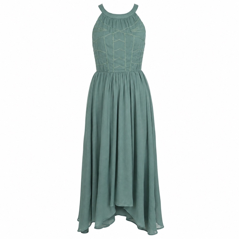 ModCloth Maxi Dress XXS Teal Embroidered Wedding Guest Fairycore Boho High Low